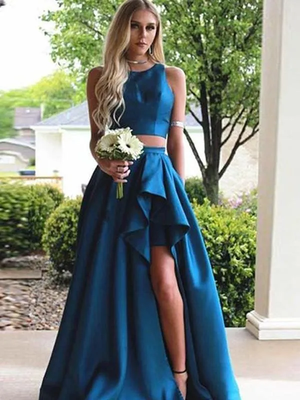 A| Bridelily A-Line Sleeveless Scoop Sweep Train With Ruffles Satin Two Piece Dresses