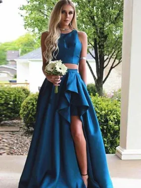 A| Bridelily A-Line Sleeveless Scoop Sweep Train With Ruffles Satin Two Piece Dresses