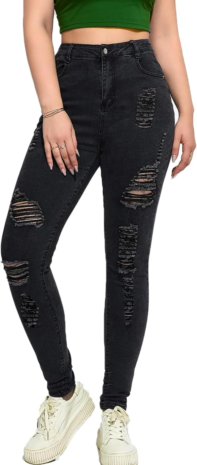 Andongnywell High Waist Jeans for Women Ripped Skinny Faded Stretch Jean Boyfriend Junior Distressed Denim Pants Black XX Large