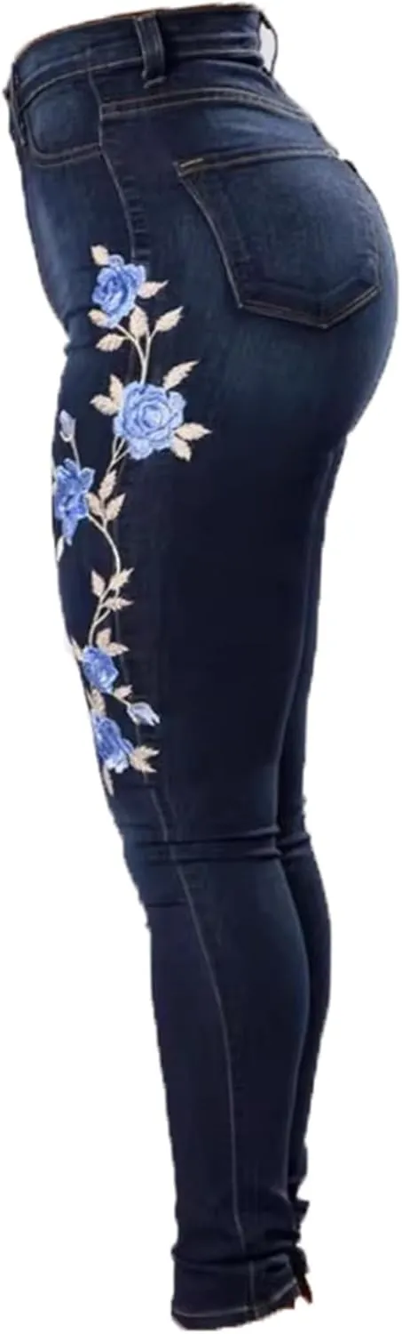 Andongnywell Jeans Women Chic Floral Embroidery High Waist Butt Lift Stretch Denim Pants Slim Sexy Skinny Jegging Trousers