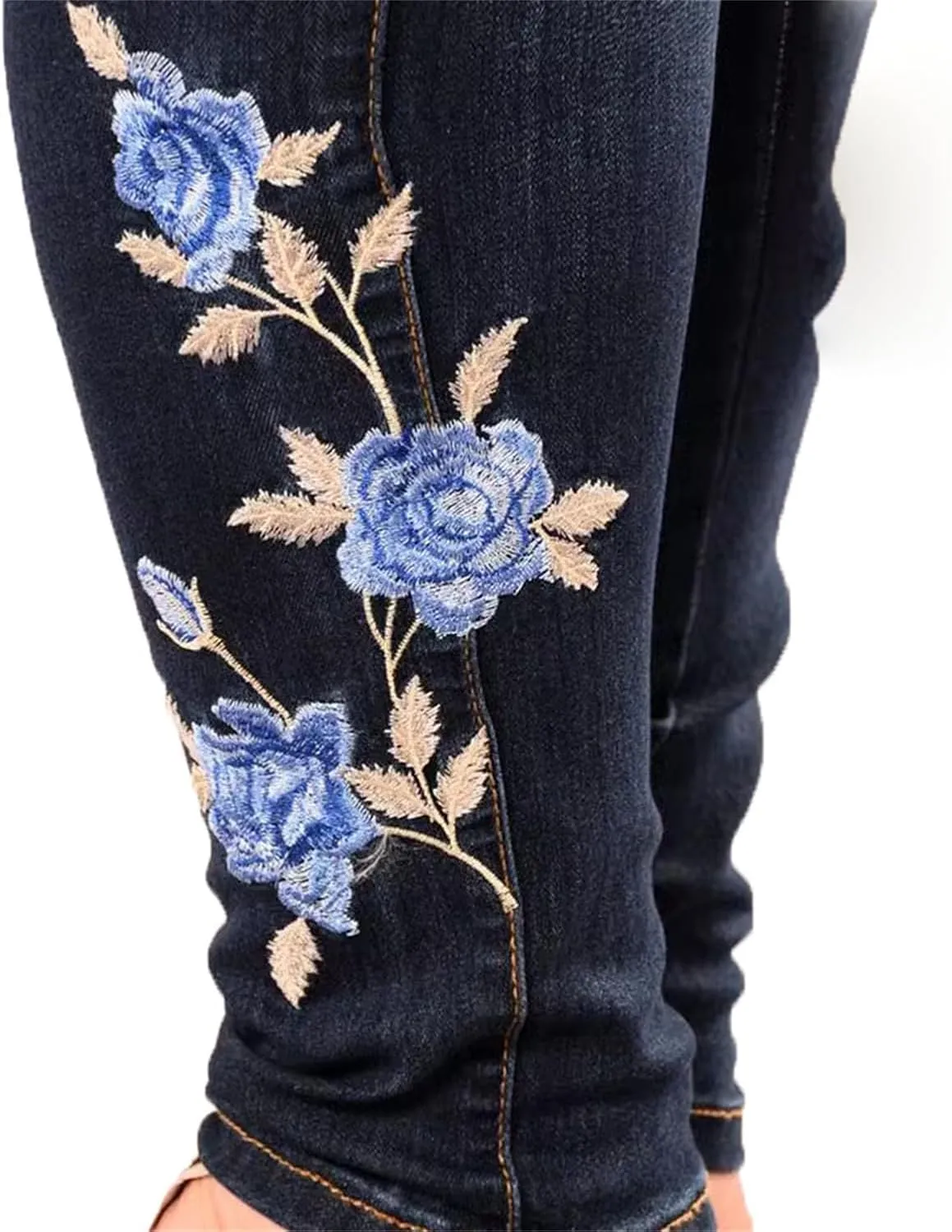 Andongnywell Jeans Women Chic Floral Embroidery High Waist Butt Lift Stretch Denim Pants Slim Sexy Skinny Jegging Trousers