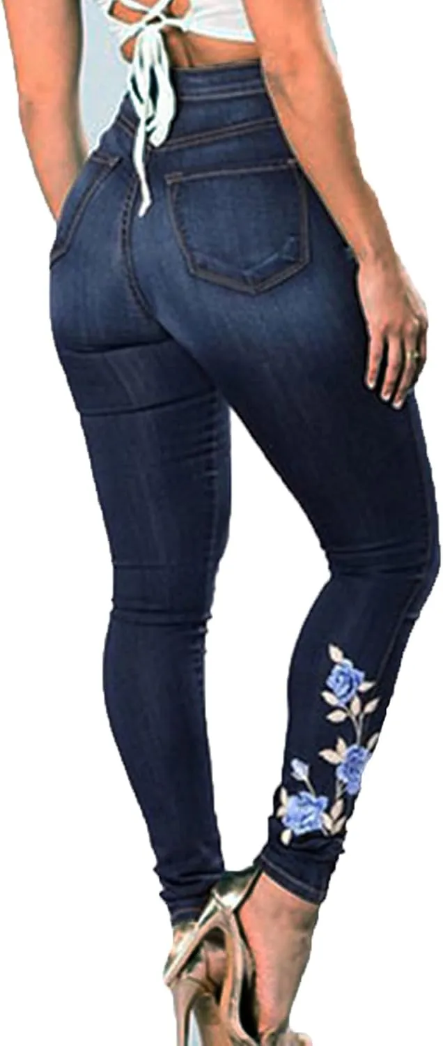 Andongnywell Jeans Women Chic Floral Embroidery High Waist Butt Lift Stretch Denim Pants Slim Sexy Skinny Jegging Trousers