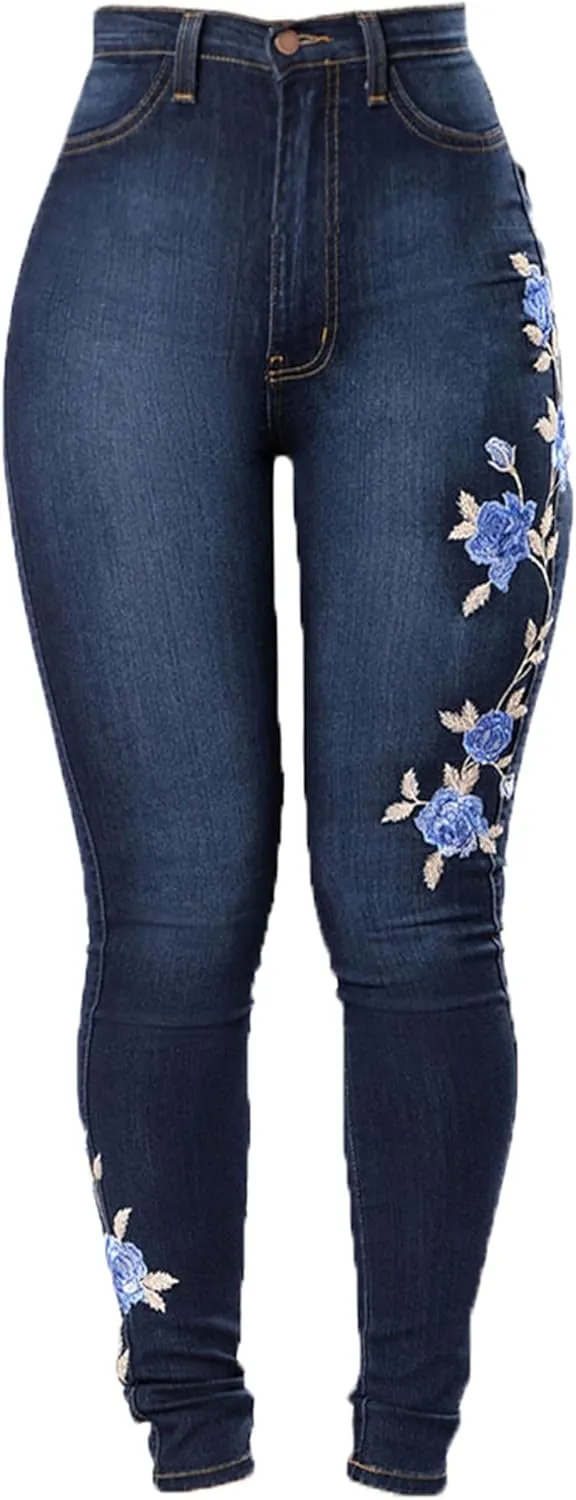Andongnywell Jeans Women Chic Floral Embroidery High Waist Butt Lift Stretch Denim Pants Slim Sexy Skinny Jegging Trousers