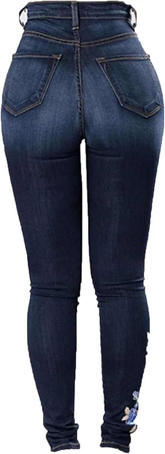 Andongnywell Jeans Women Chic Floral Embroidery High Waist Butt Lift Stretch Denim Pants Slim Sexy Skinny Jegging Trousers