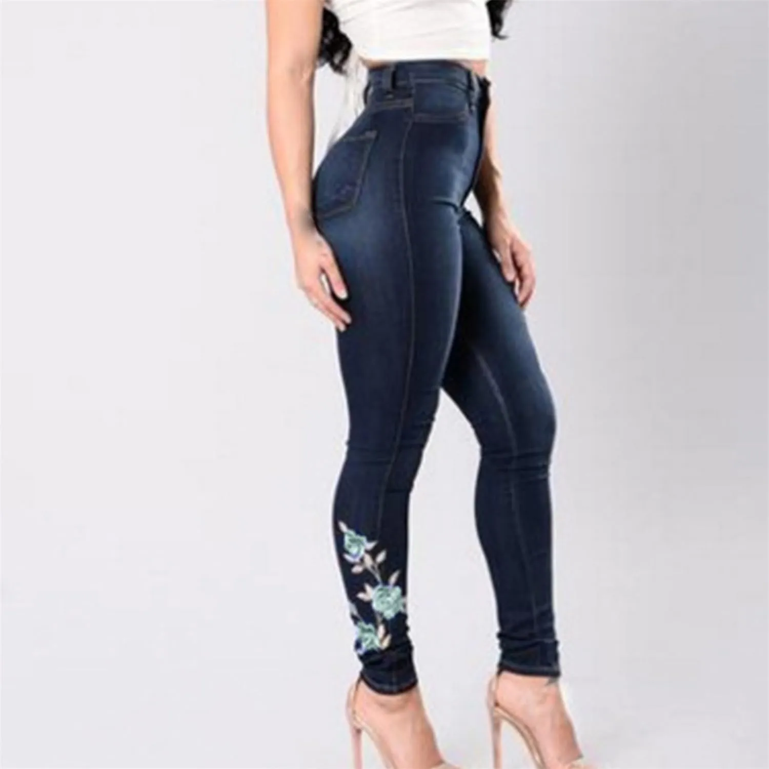 Andongnywell Jeans Women Chic Floral Embroidery High Waist Butt Lift Stretch Denim Pants Slim Sexy Skinny Jegging Trousers