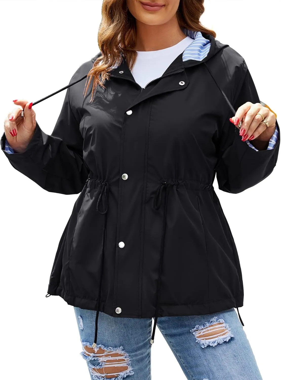 Avoogue Womens Plus Size Light-Weight Rain Jackets Waterproof Raincoats Lined Windbreaker Jacket Hooded Rainwear XL-5XL