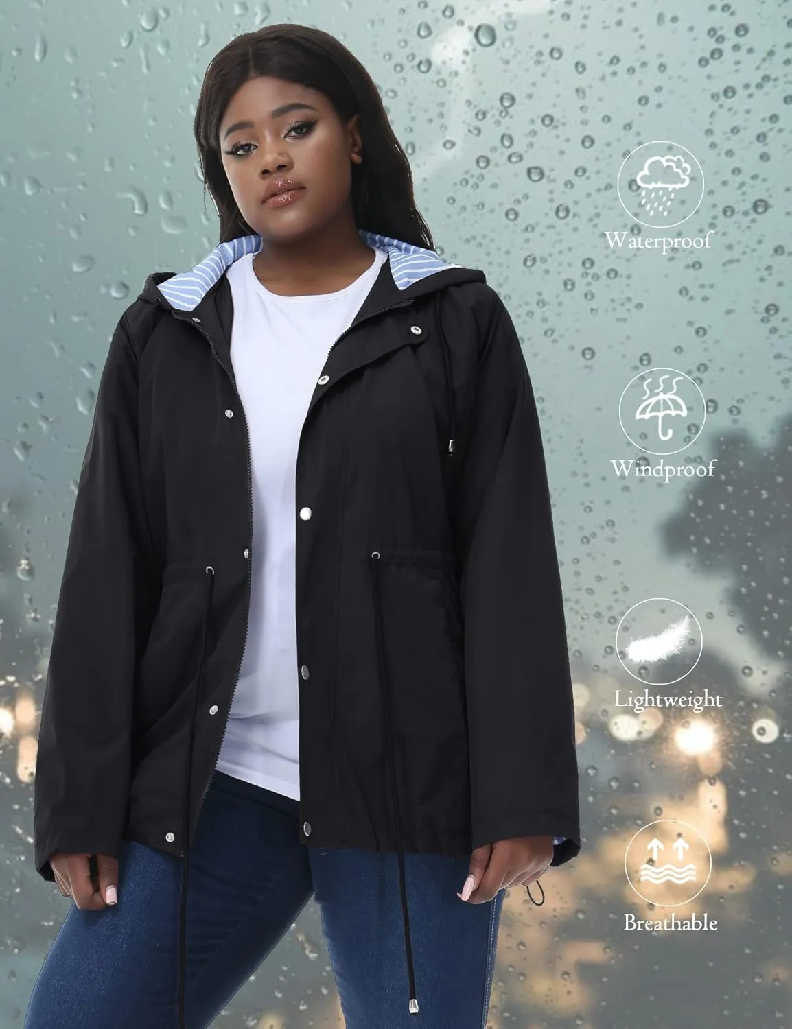 Avoogue Womens Plus Size Light-Weight Rain Jackets Waterproof Raincoats Lined Windbreaker Jacket Hooded Rainwear XL-5XL