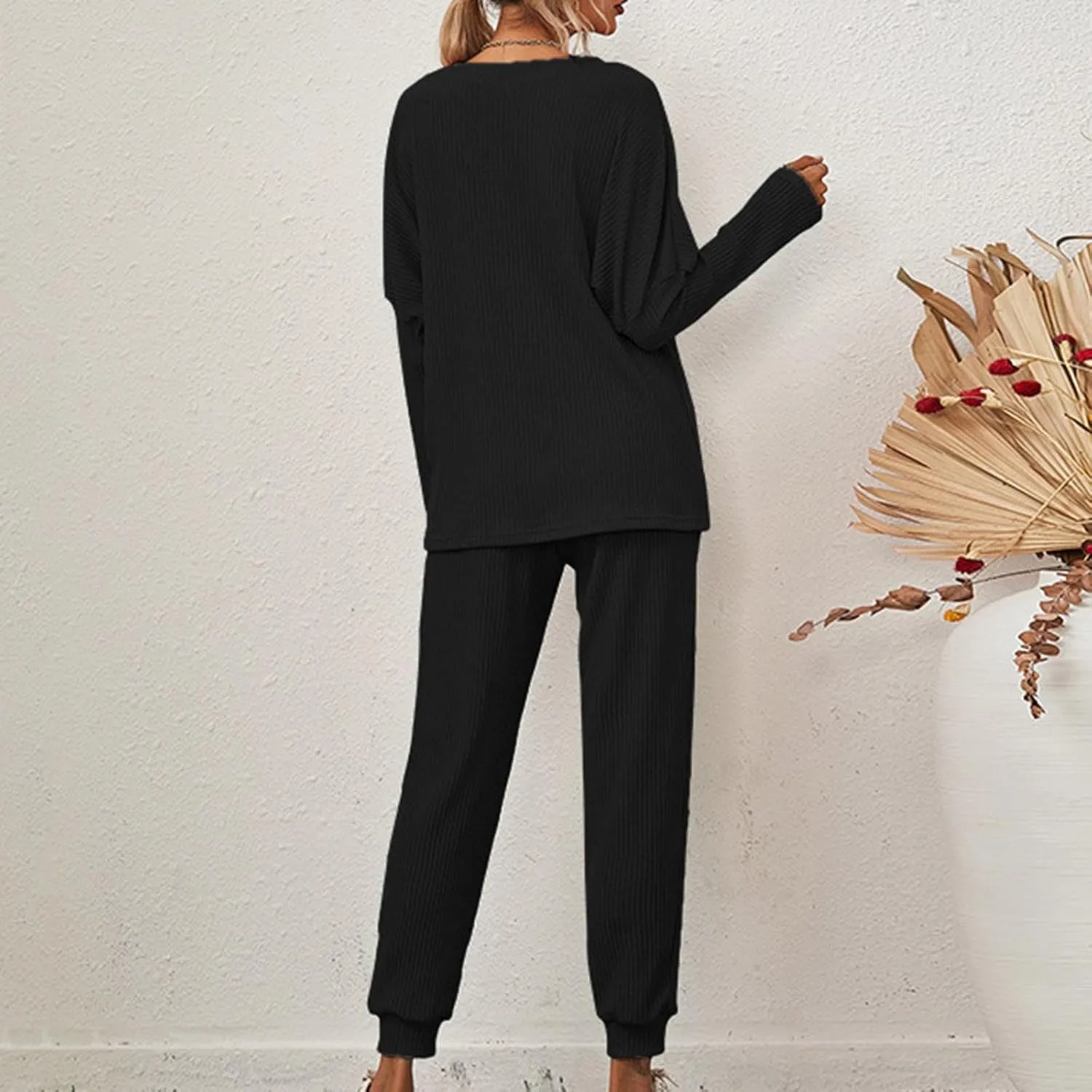 Binmer Lounge Sets for Women Ribbed Knit Outfits 2 Piece Pajamas Sets Long Sleeve Crewneck Pullover Sweatsuits with Pockets