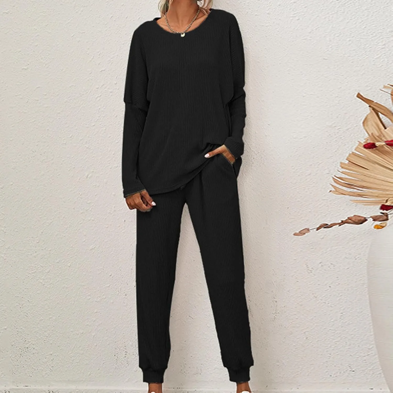 Binmer Lounge Sets for Women Ribbed Knit Outfits 2 Piece Pajamas Sets Long Sleeve Crewneck Pullover Sweatsuits with Pockets