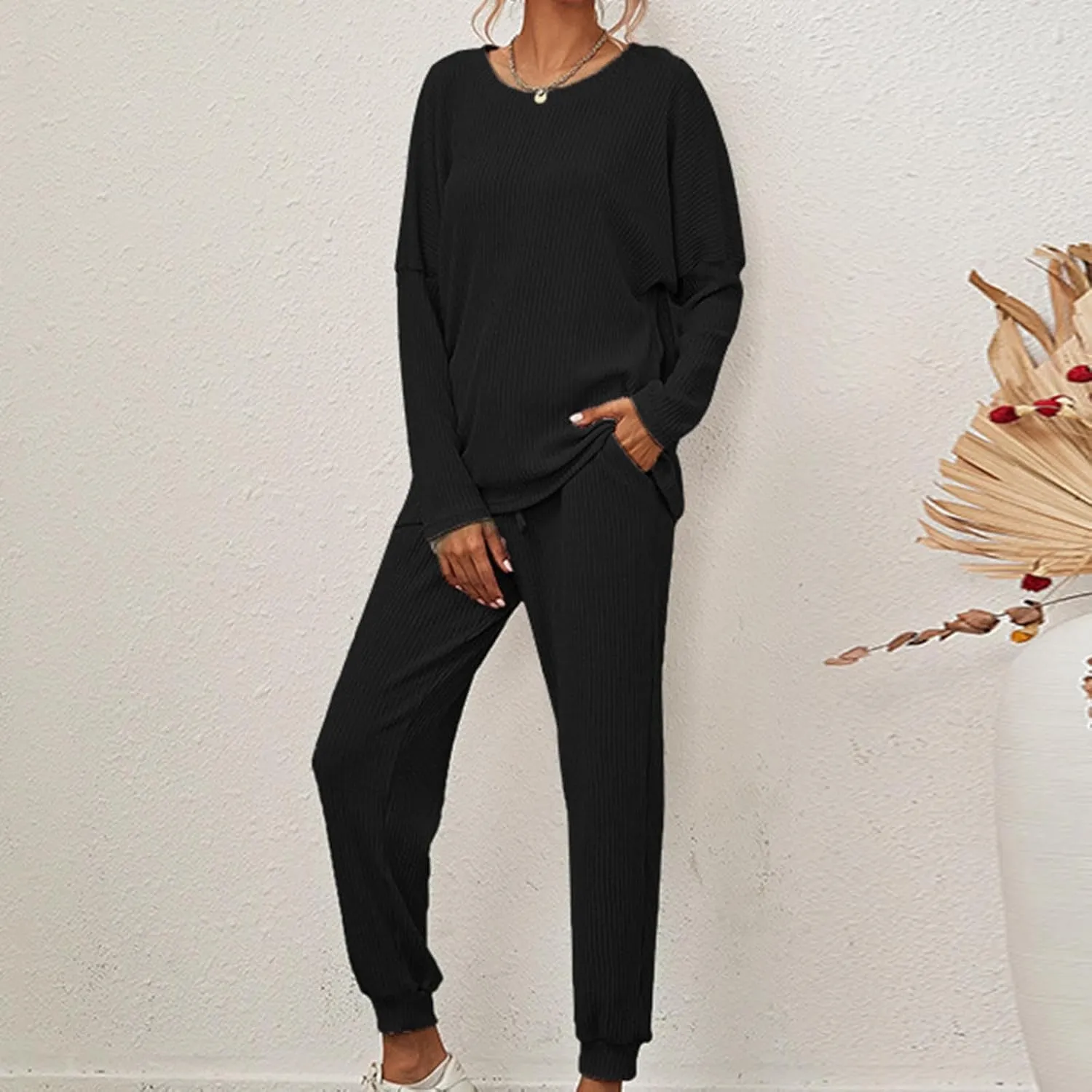 Binmer Lounge Sets for Women Ribbed Knit Outfits 2 Piece Pajamas Sets Long Sleeve Crewneck Pullover Sweatsuits with Pockets