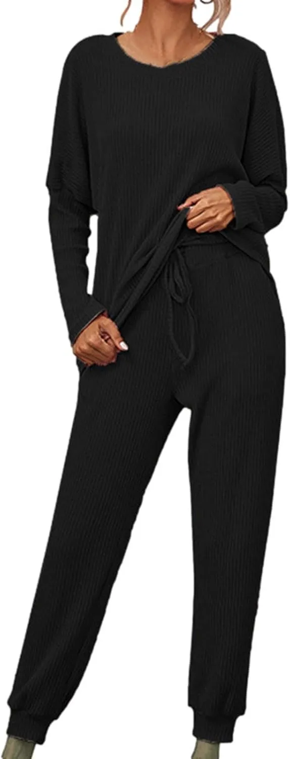 Binmer Lounge Sets for Women Ribbed Knit Outfits 2 Piece Pajamas Sets Long Sleeve Crewneck Pullover Sweatsuits with Pockets