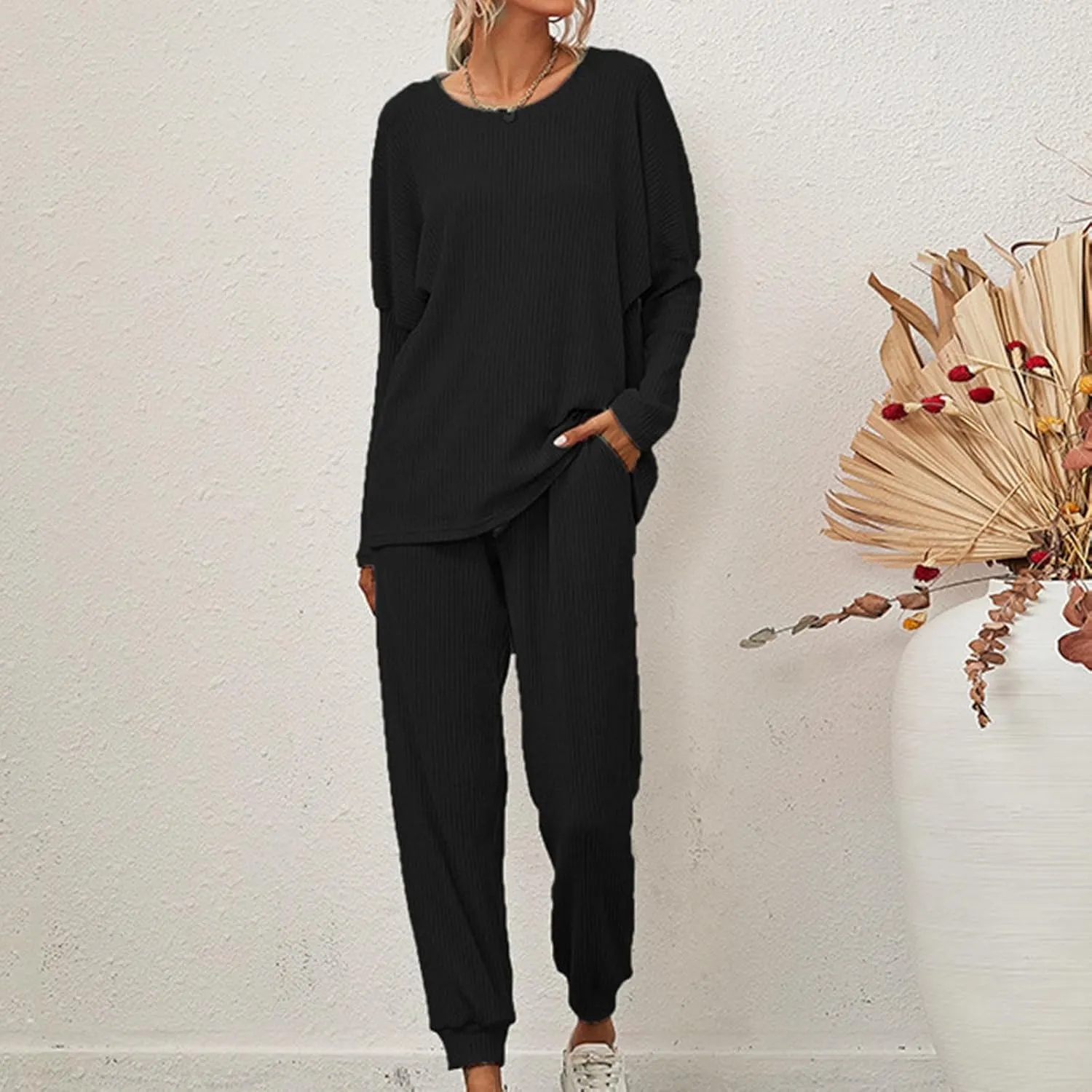 Binmer Lounge Sets for Women Ribbed Knit Outfits 2 Piece Pajamas Sets Long Sleeve Crewneck Pullover Sweatsuits with Pockets