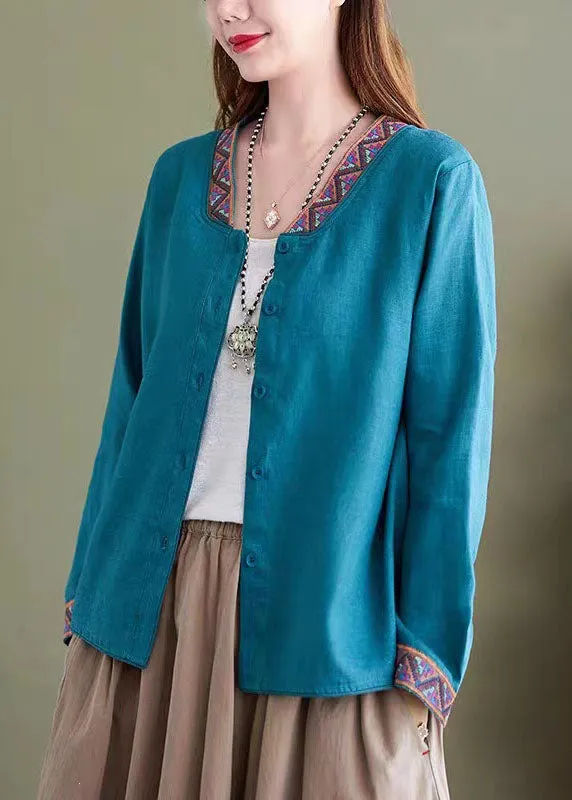 Boho Blue V Neck Embroideried Patchwork Linen Shirts Top Spring LY6263