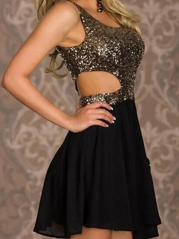 Bridelily A-Line Chiffon Scoop Sleeveless Short/Mini With Sequin Dresses