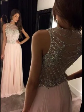 Bridelily A-Line Chiffon Scoop Sleeveless Sweep/Brush Train With Crystal Dresses