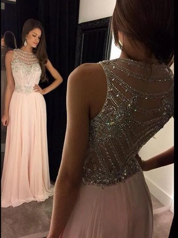 Bridelily A-Line Chiffon Scoop Sleeveless Sweep/Brush Train With Crystal Dresses
