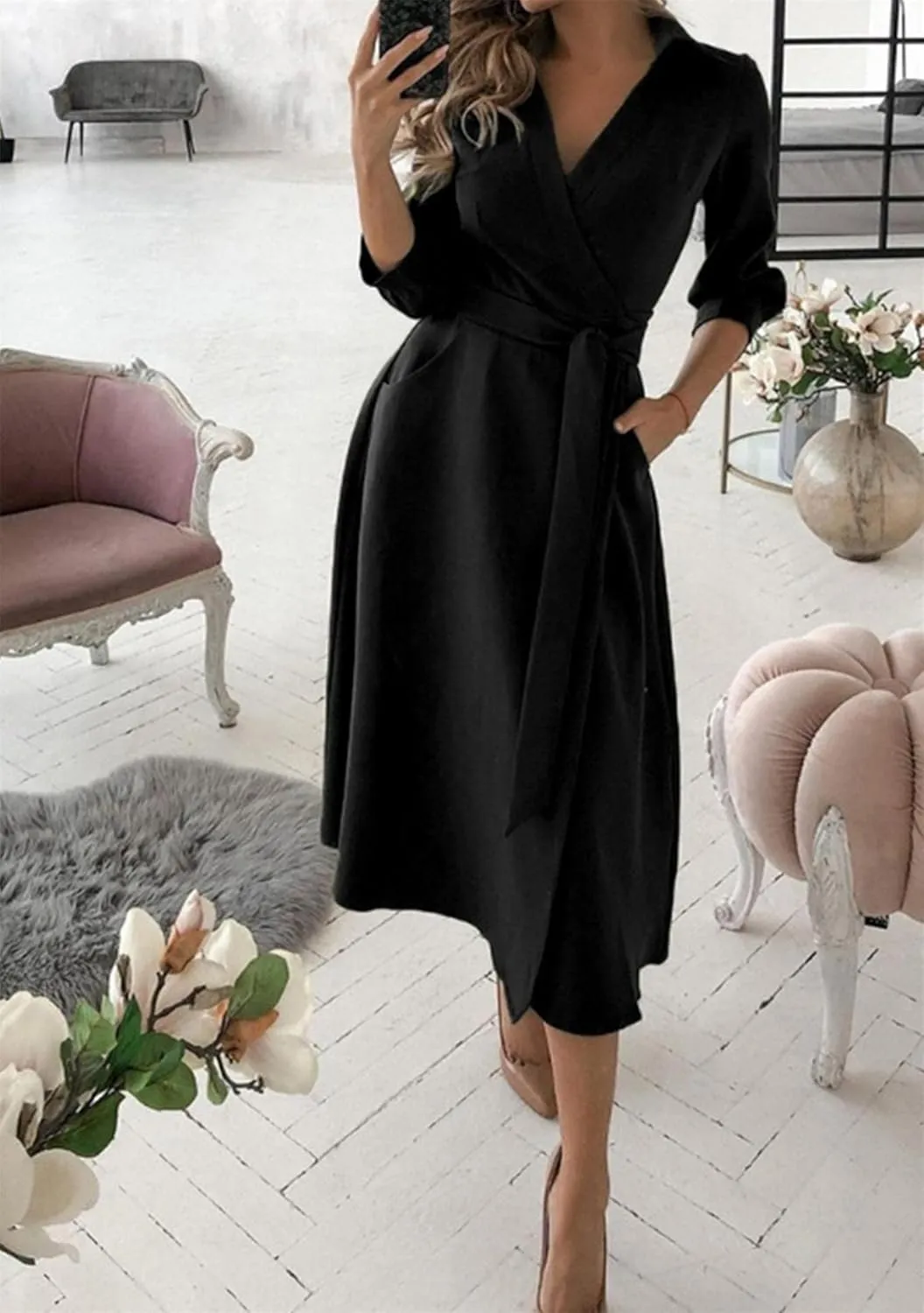 GORIFE Women's Casual Wrap V Neck Long Dress 3/4 Sleeve Floral Print Dress Lapel Flare Fit A-line Tie Belt Dresses
