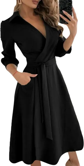 GORIFE Women's Casual Wrap V Neck Long Dress 3/4 Sleeve Floral Print Dress Lapel Flare Fit A-line Tie Belt Dresses