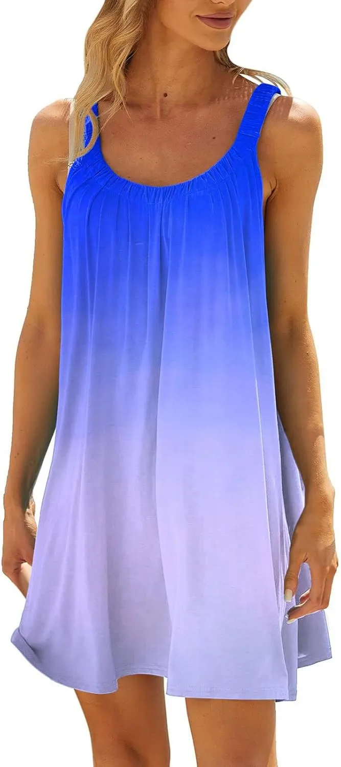 Hawaiian Dresses for Women Cute Summer Gradient Color Block Sleeveless Short Sundresses Travel Spring Break Clothes
