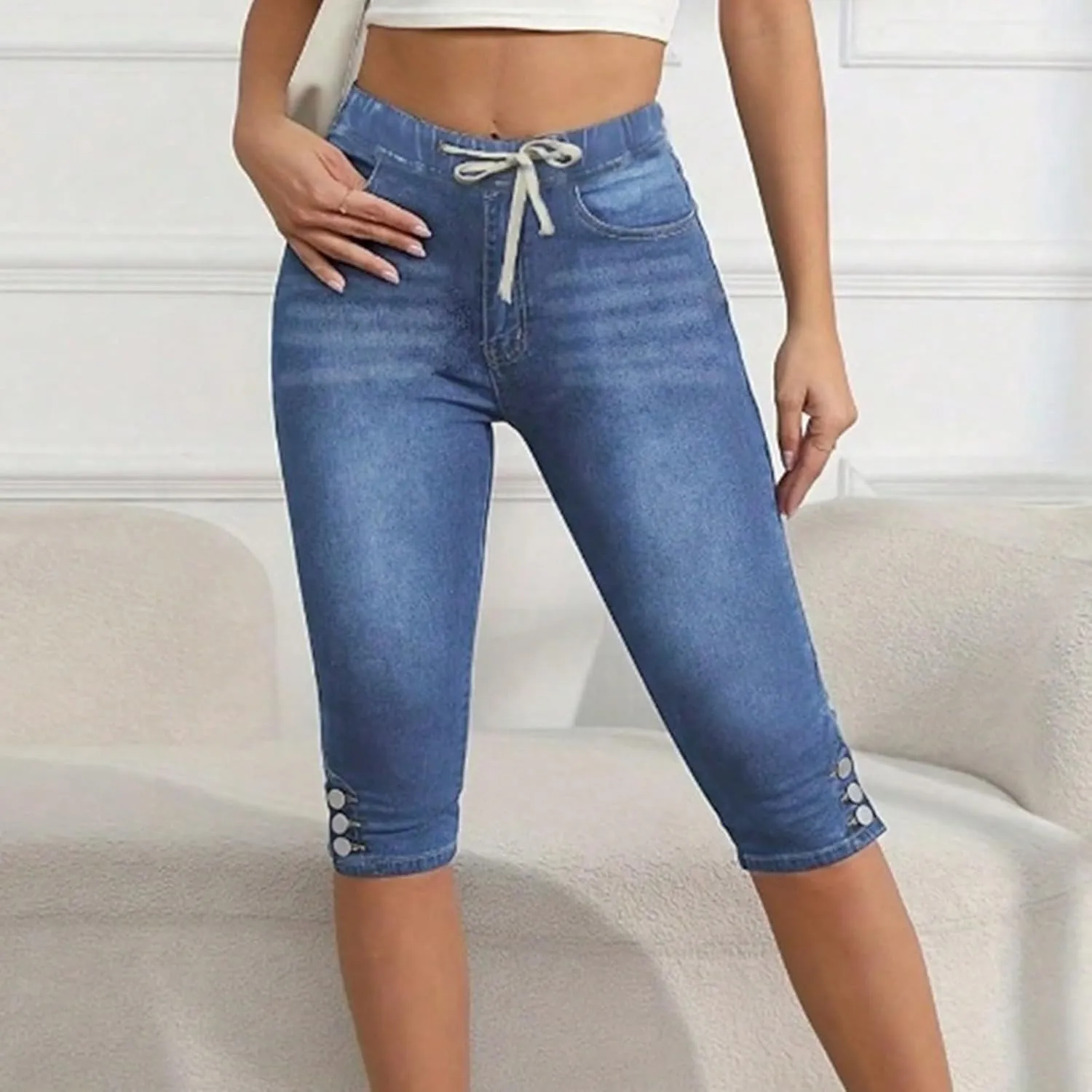 Jean Capris for Women Stretchy Drawstring High Waisted Cargo Jeans Trendy Slim Fit Denim Capri Pants with Pockets