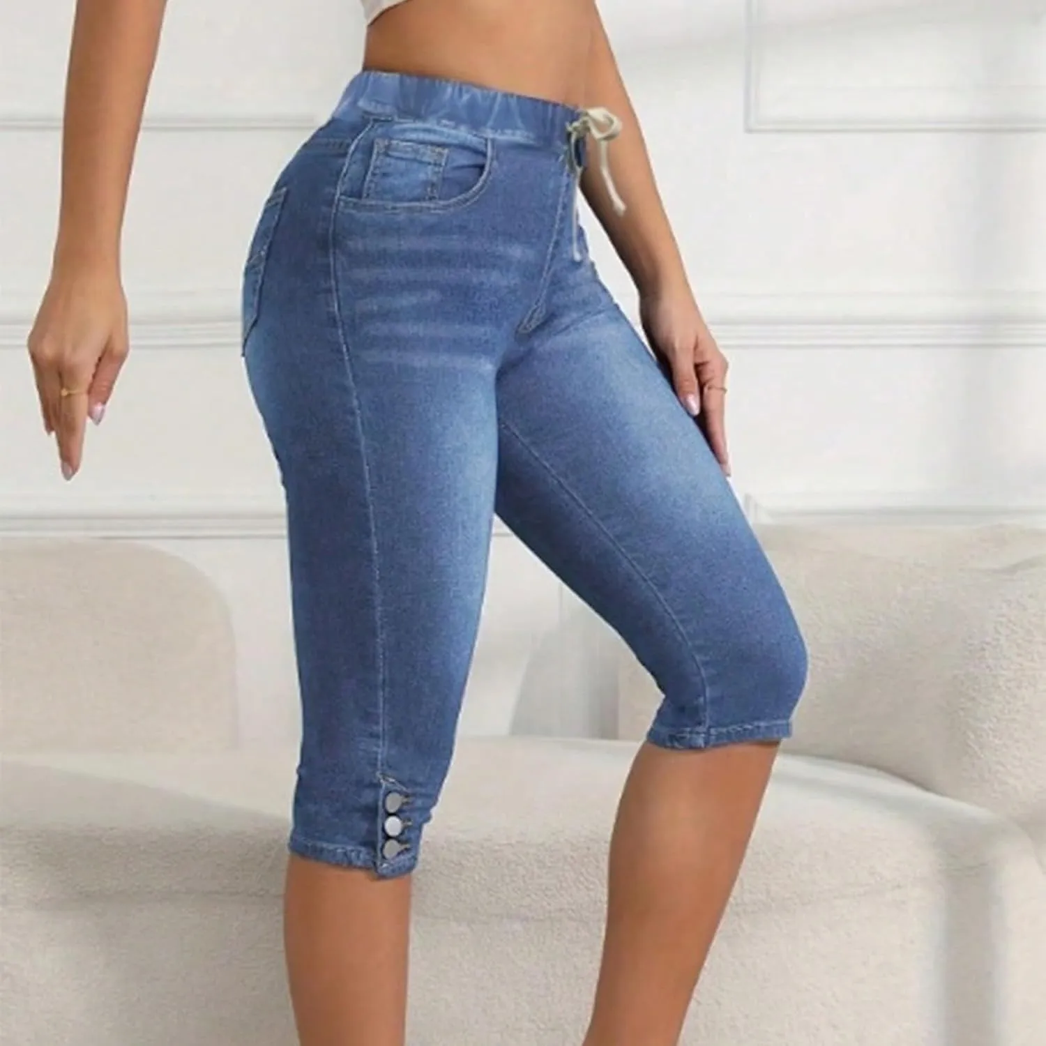 Jean Capris for Women Stretchy Drawstring High Waisted Cargo Jeans Trendy Slim Fit Denim Capri Pants with Pockets