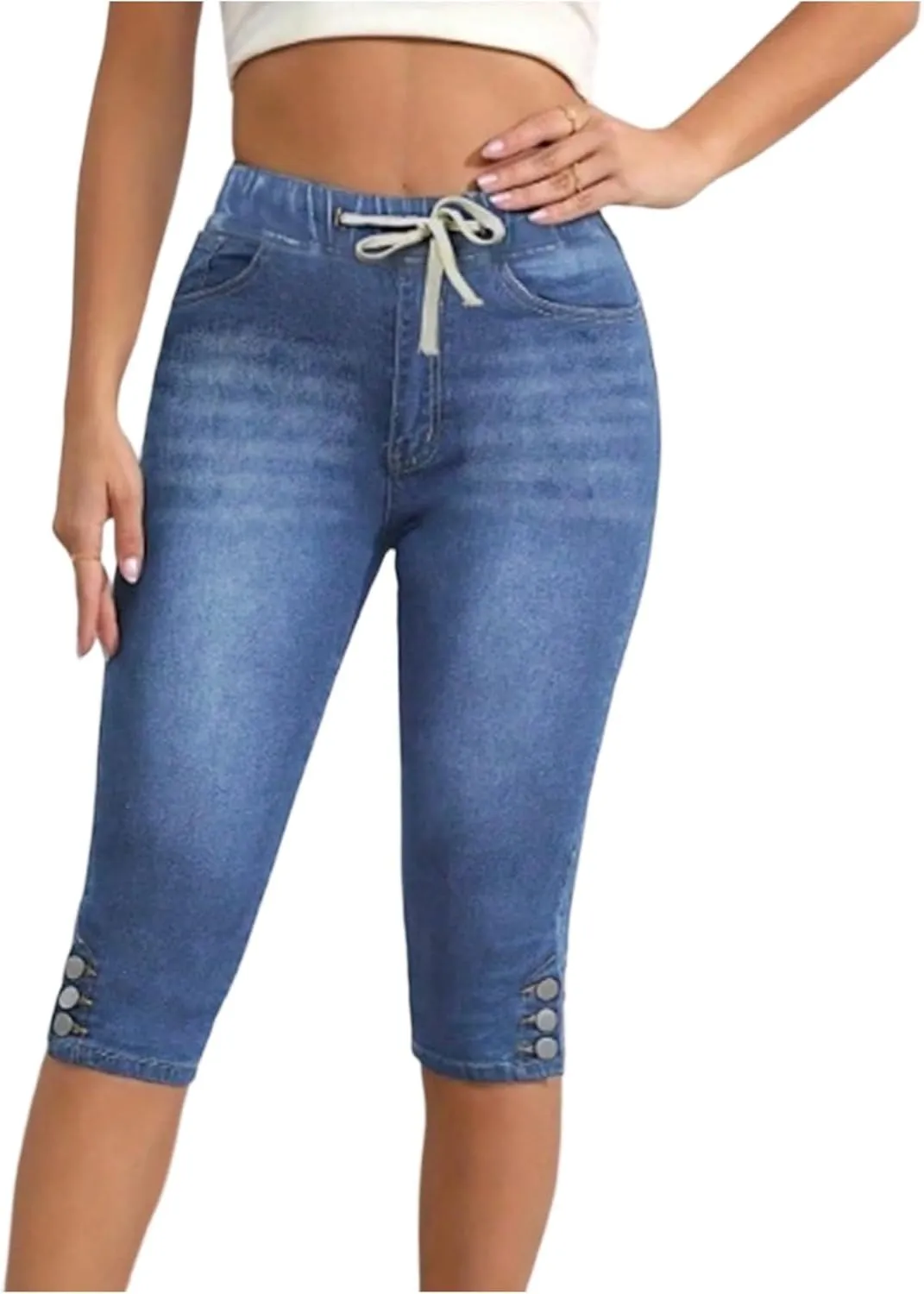 Jean Capris for Women Stretchy Drawstring High Waisted Cargo Jeans Trendy Slim Fit Denim Capri Pants with Pockets