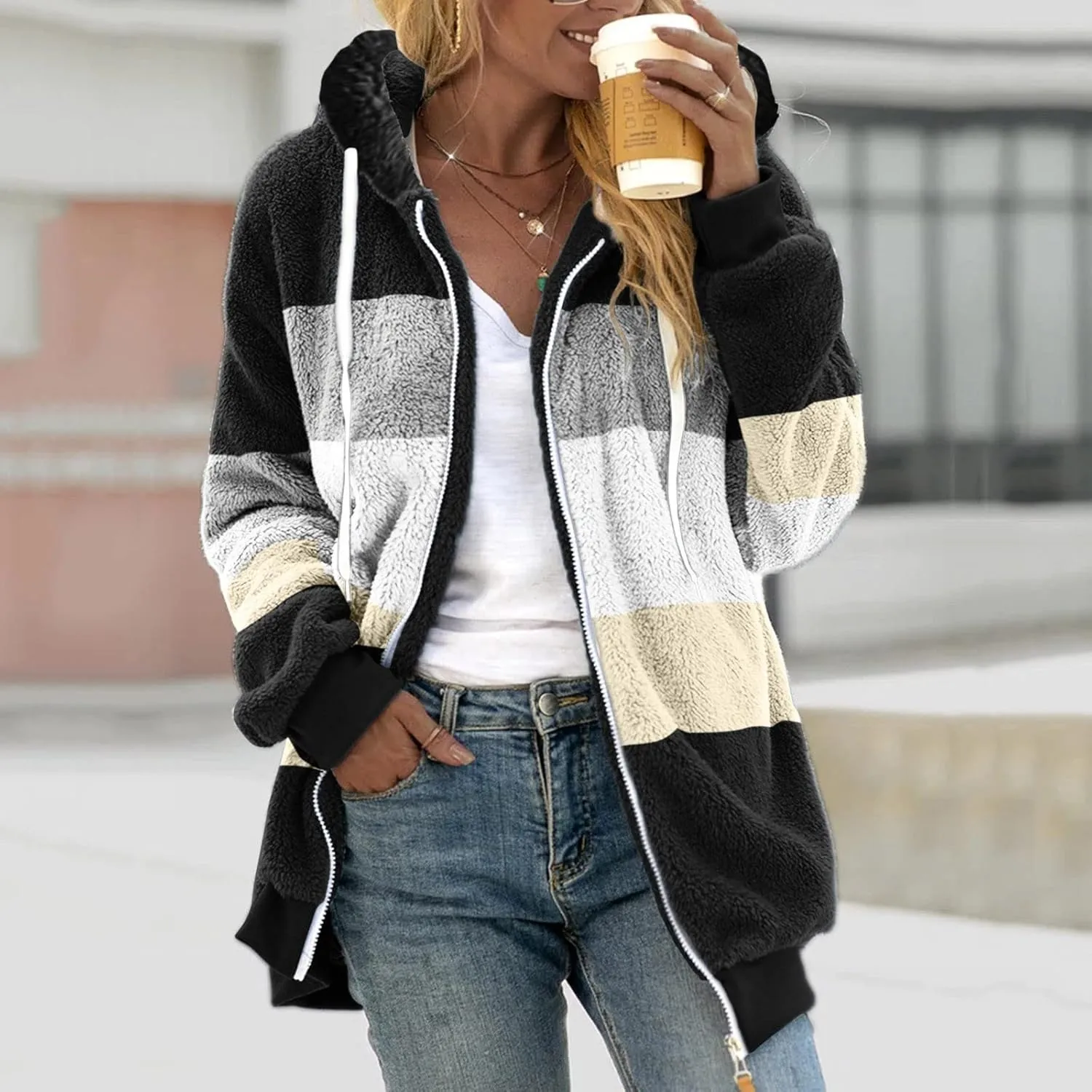 LCMTWX Women's 2023 Fashion Winter Coat Warm Trendy Color Block Winter Drawstring Hoodie Snow Coat Jacket Womens Winter