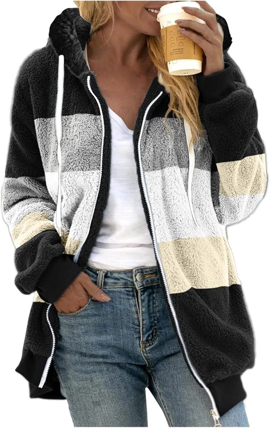 LCMTWX Women's 2023 Fashion Winter Coat Warm Trendy Color Block Winter Drawstring Hoodie Snow Coat Jacket Womens Winter