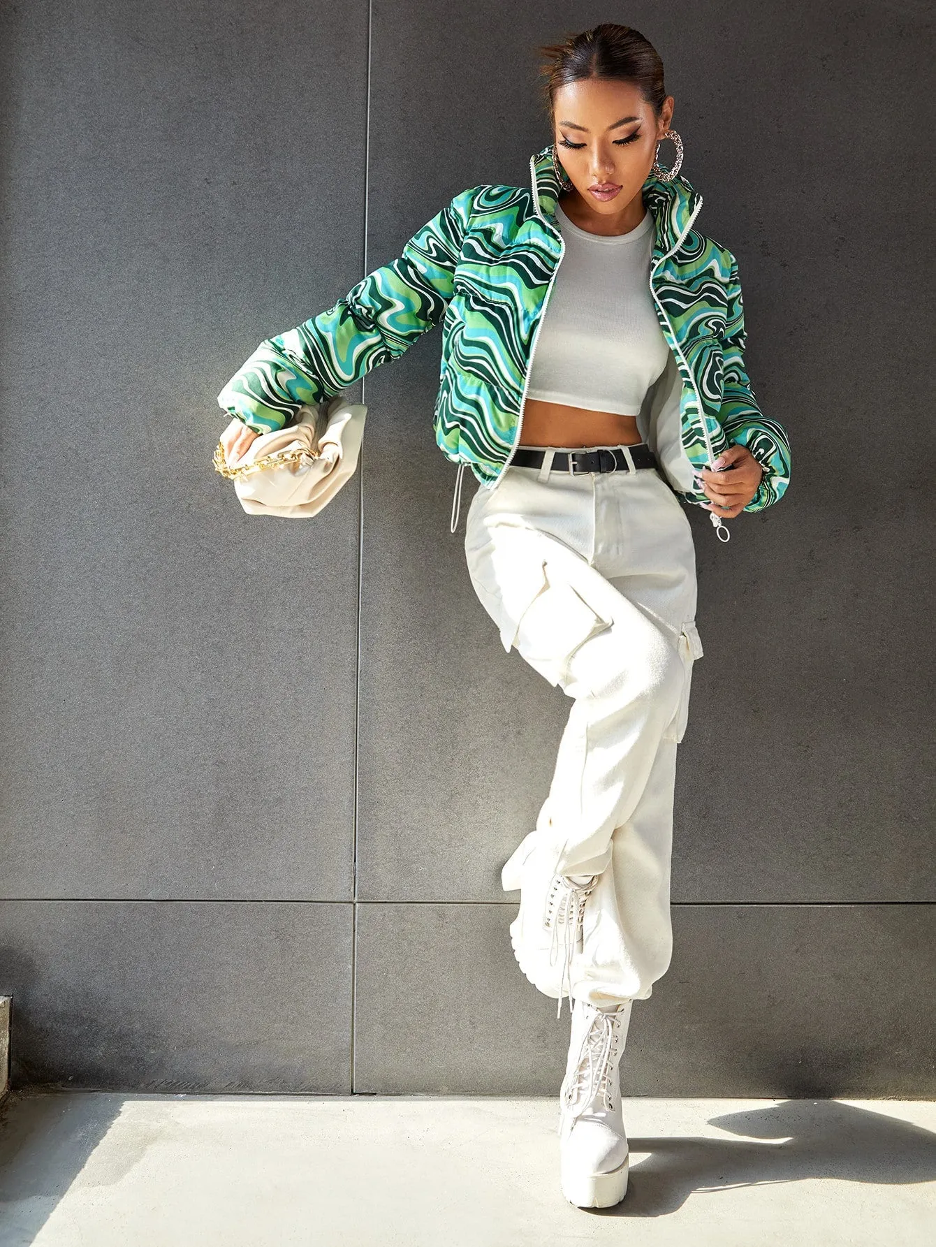 Marble Drawstring Long Sleeve Stand Collar Crop Women Winter Coat