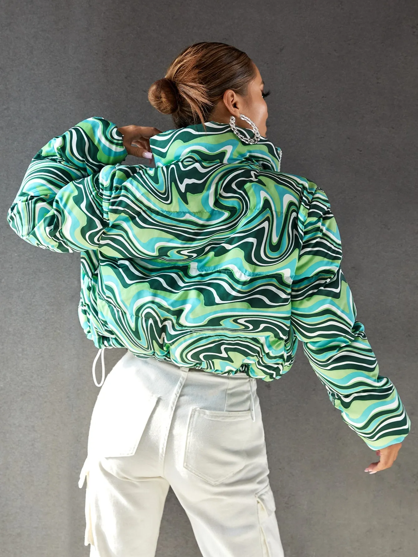 Marble Drawstring Long Sleeve Stand Collar Crop Women Winter Coat