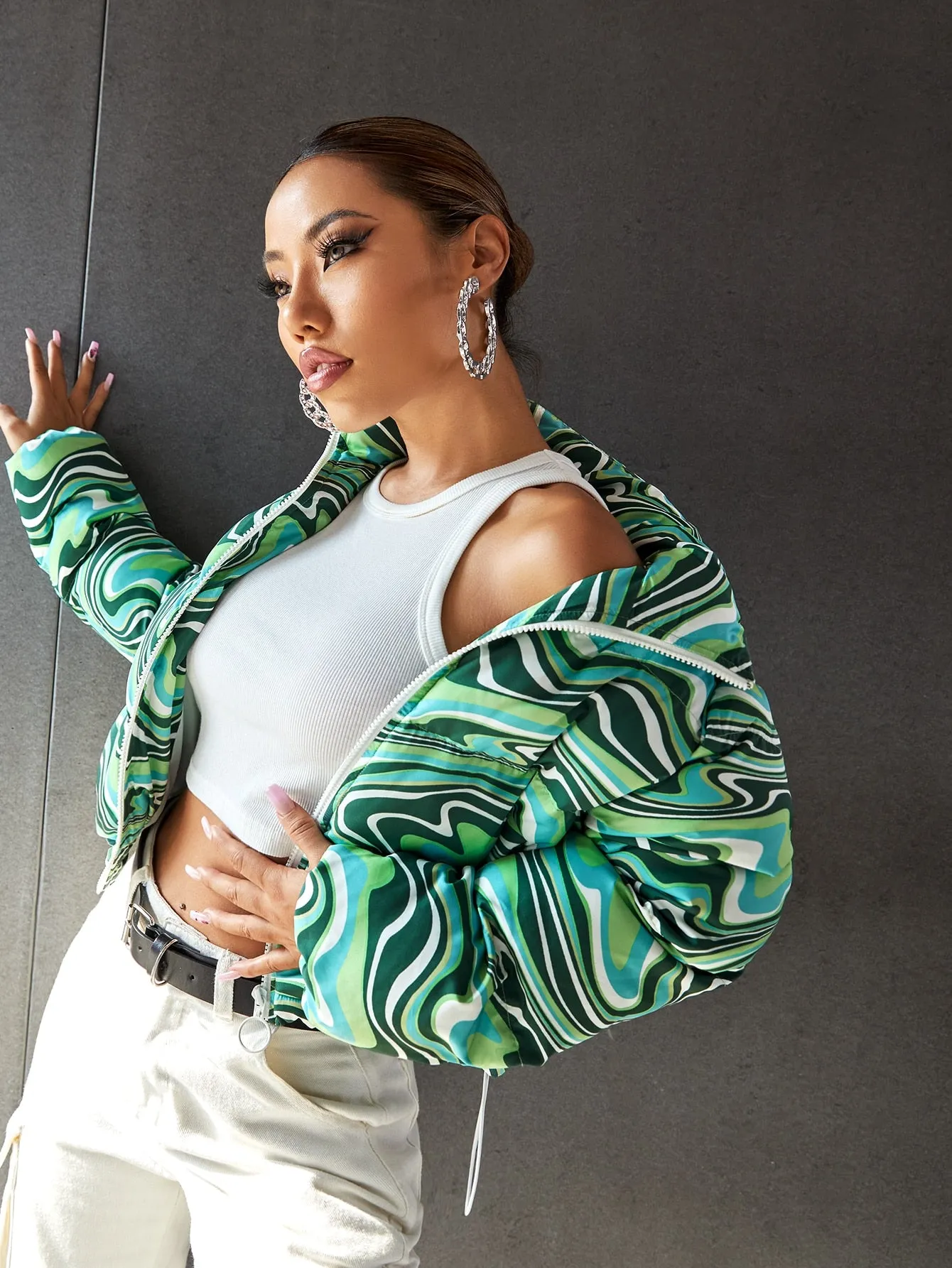 Marble Drawstring Long Sleeve Stand Collar Crop Women Winter Coat