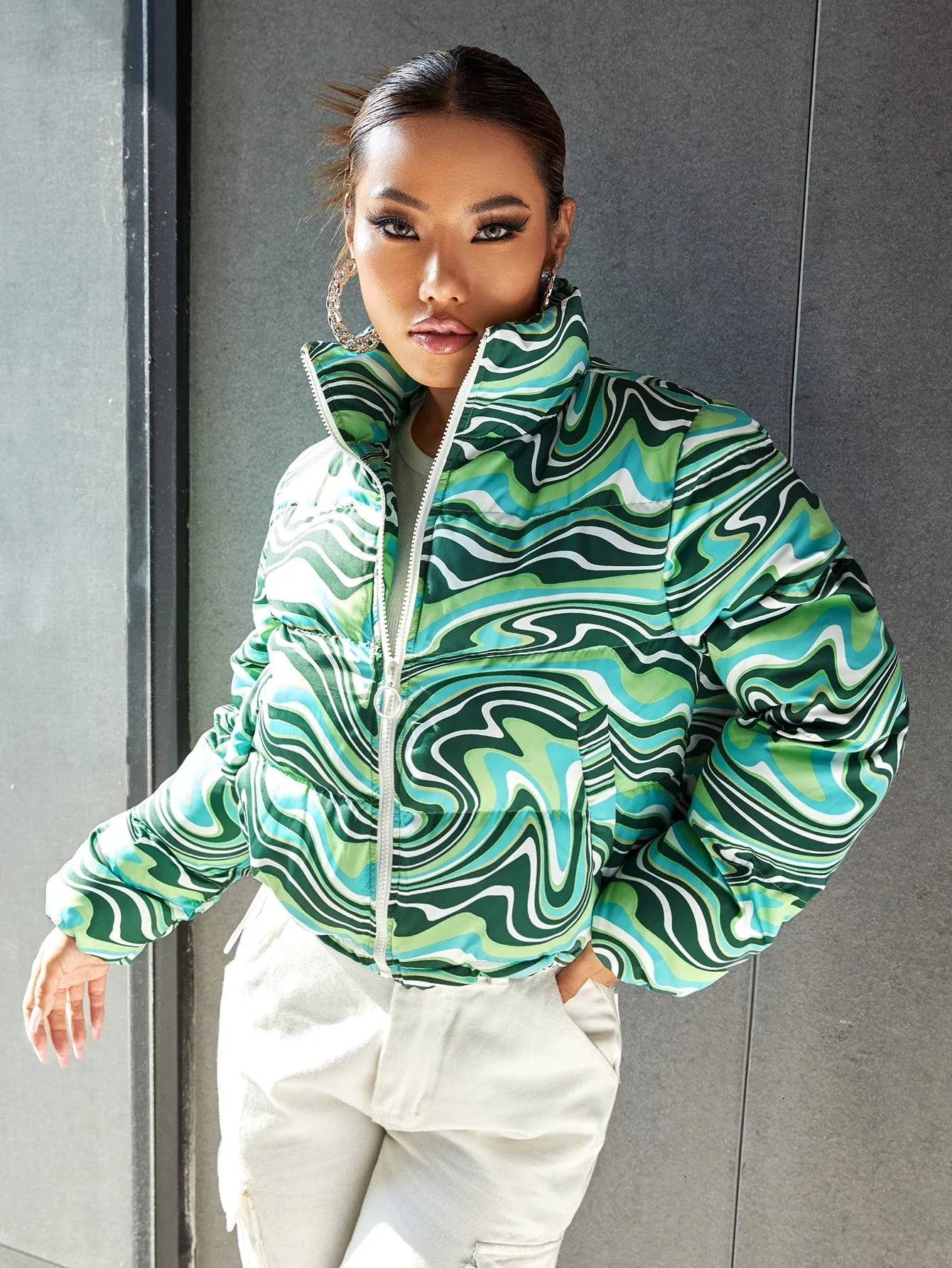 Marble Drawstring Long Sleeve Stand Collar Crop Women Winter Coat