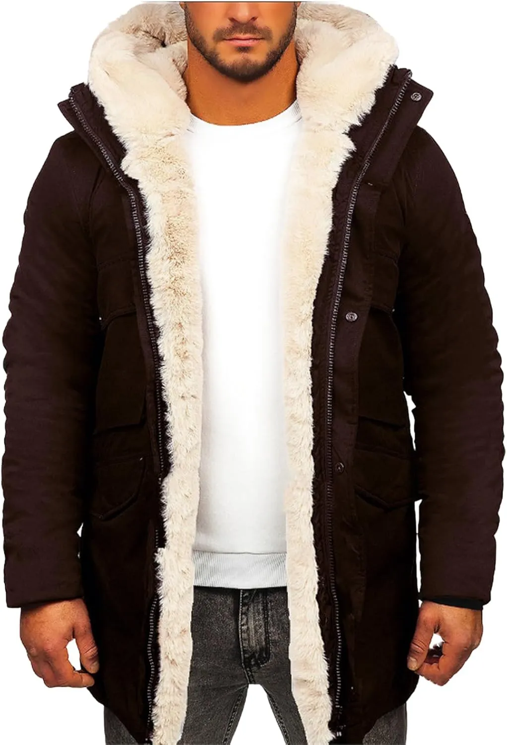 Mens Sherpa Lined Coat with Hood Warm Fuzzy Fleece Lined Long Jacket Trench Coats Winter Thick Sheepskin Coat for Men