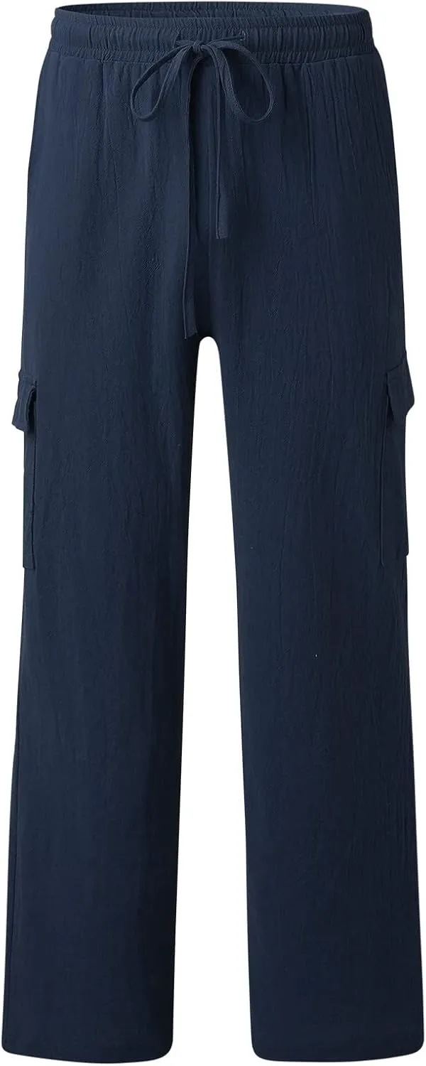 Mens White Linen Pants Straight Wrinkle Flat Front Chino Trouser Casual Elastic Drawstring Work Beach Pant