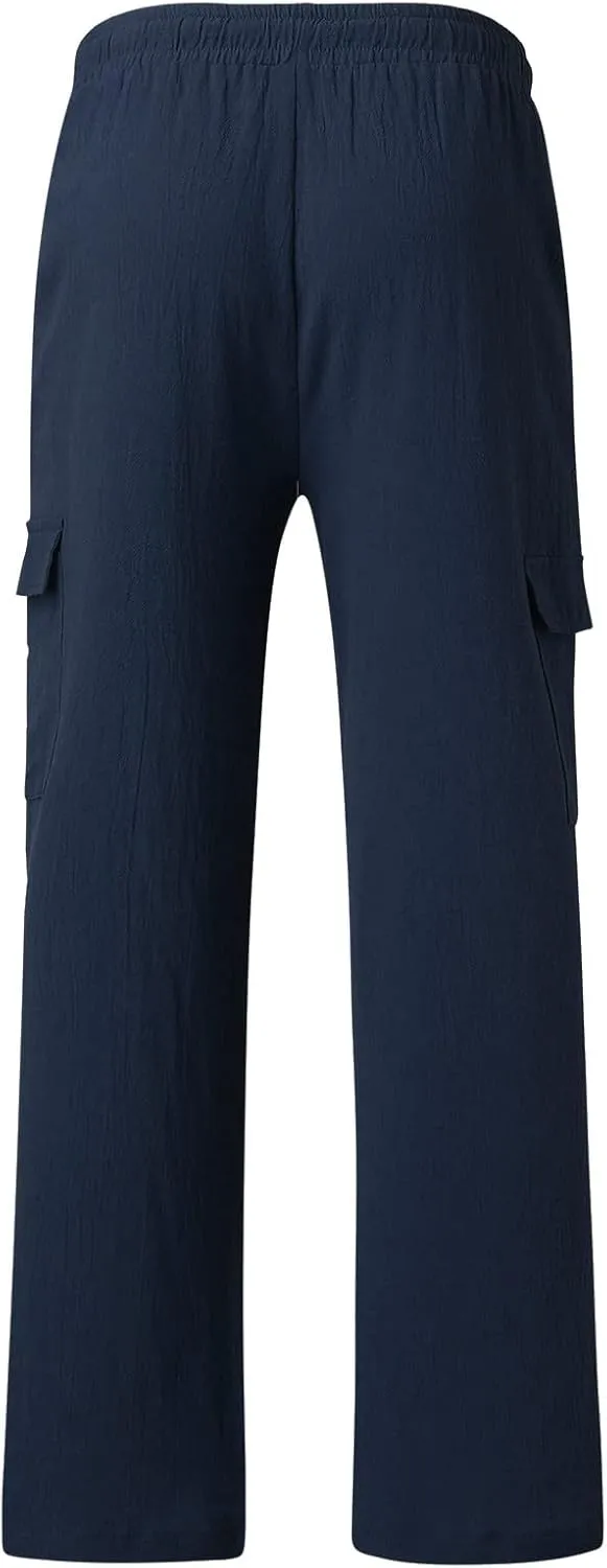 Mens White Linen Pants Straight Wrinkle Flat Front Chino Trouser Casual Elastic Drawstring Work Beach Pant