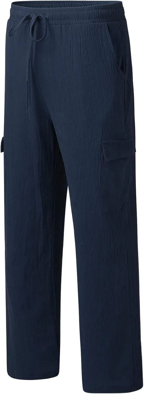 Mens White Linen Pants Straight Wrinkle Flat Front Chino Trouser Casual Elastic Drawstring Work Beach Pant