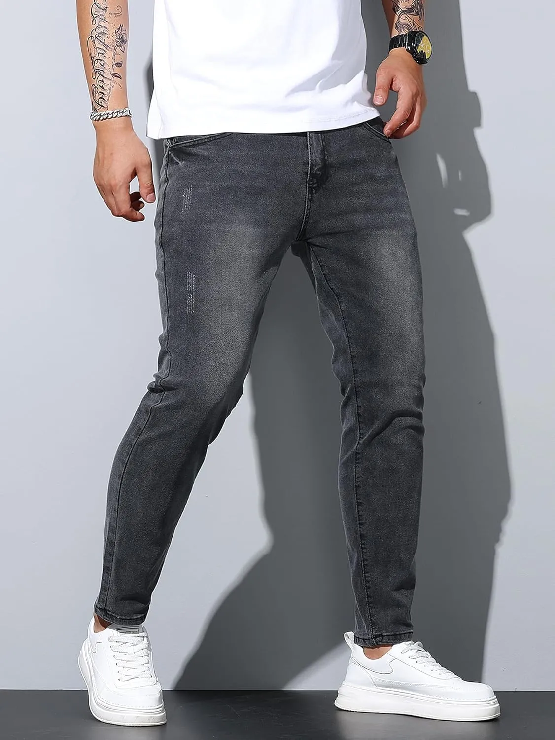 Mens Womens Lightweight Slim Fit Stretch Ripped Jeans Summer Spring Distressed Destroyed Denim Pan Skinny Jeans