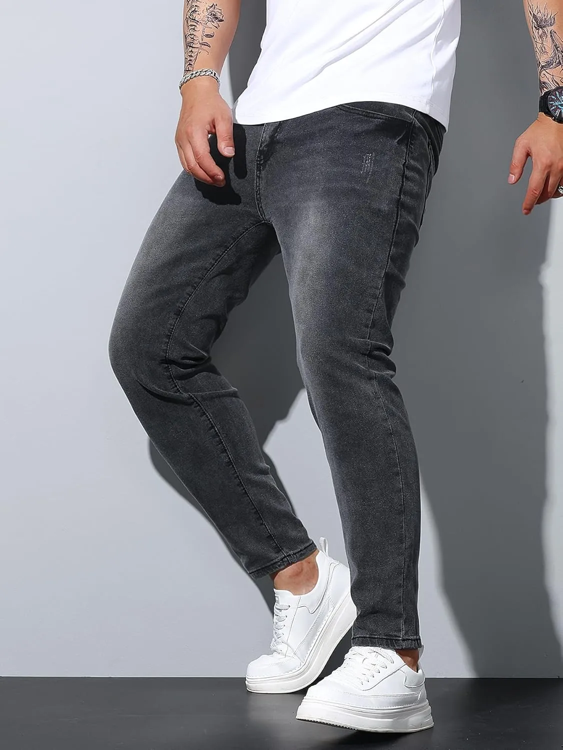 Mens Womens Lightweight Slim Fit Stretch Ripped Jeans Summer Spring Distressed Destroyed Denim Pan Skinny Jeans