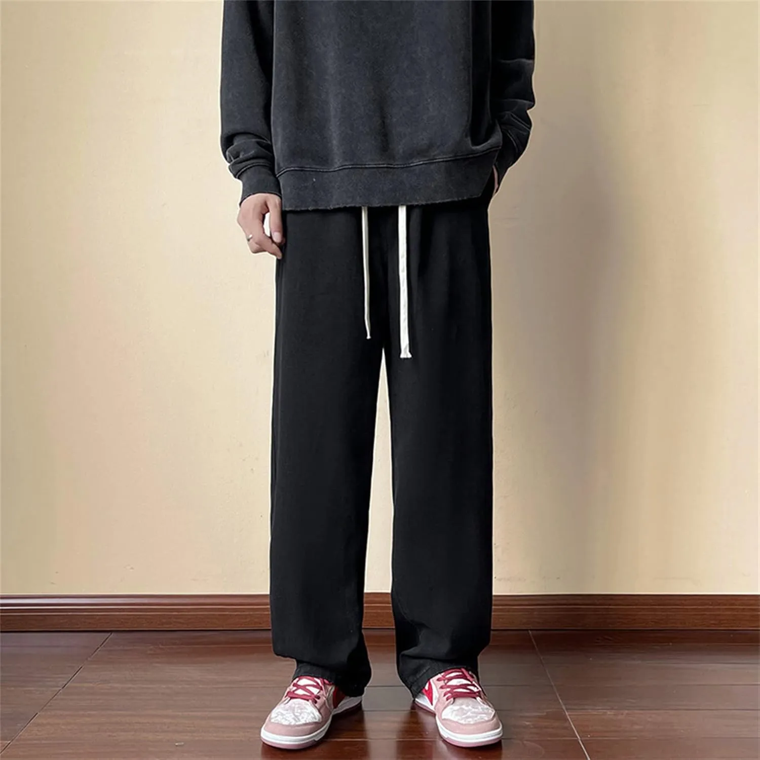 Men's Work Jeans Casual Hip Hop Style Jeans Men Solid Color Loose Fit Straight Wide Leg Cotton Denim Pants (X-Large,Black 2 B)