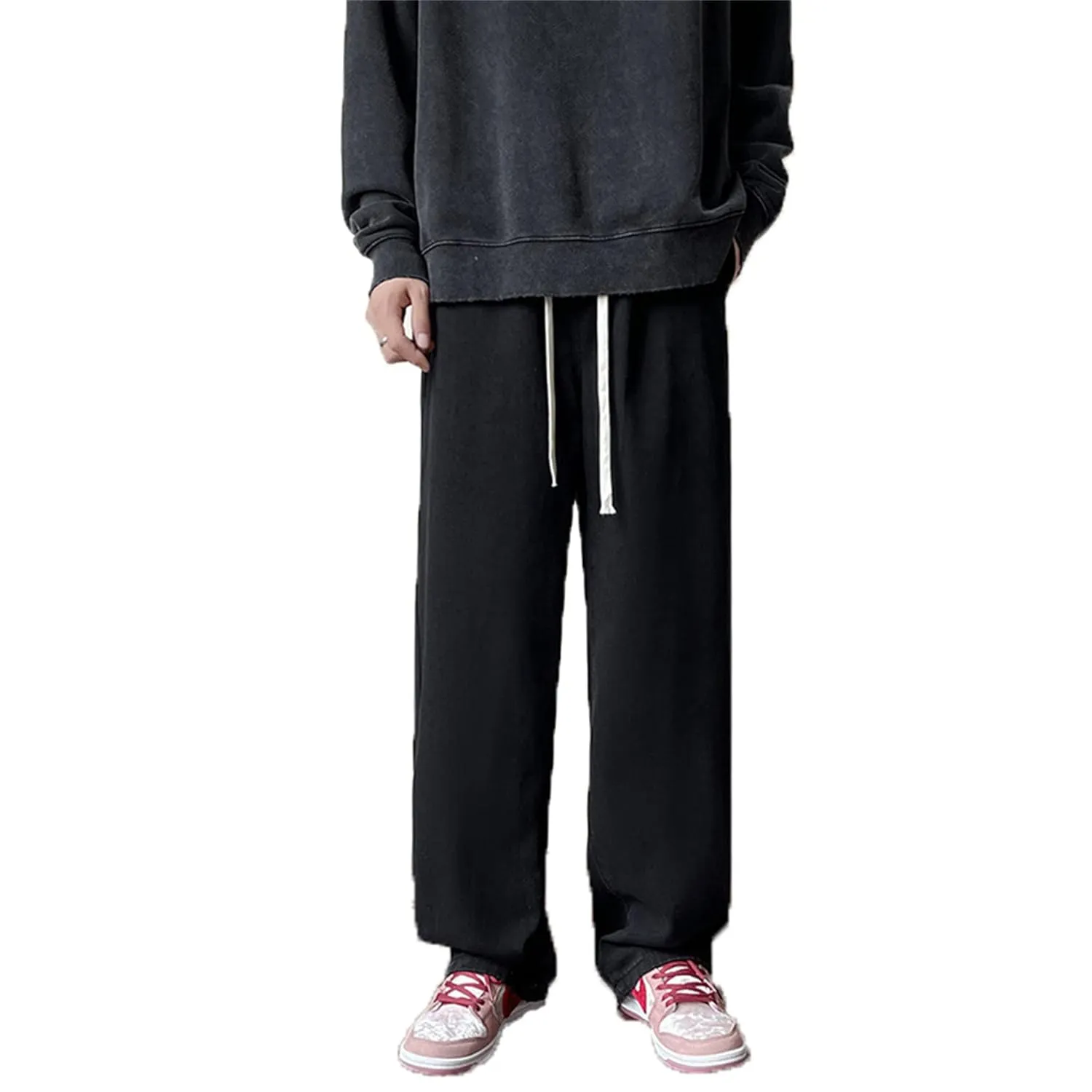 Men's Work Jeans Casual Hip Hop Style Jeans Men Solid Color Loose Fit Straight Wide Leg Cotton Denim Pants (X-Large,Black 2 B)