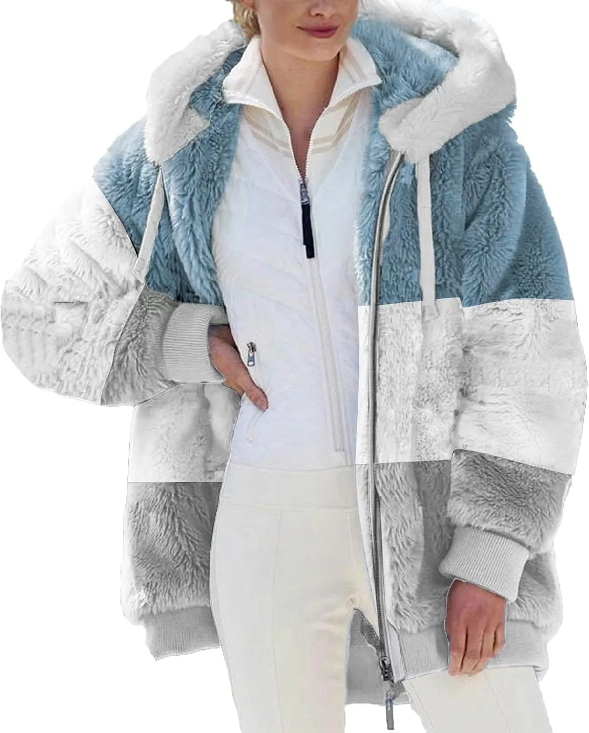 NaRHbrg Women Fleece Hooded Jacket Full Zip Sherpa Jackets Faux Fur Coat Winter Hooded Overcoat Outwears For Warm Winter