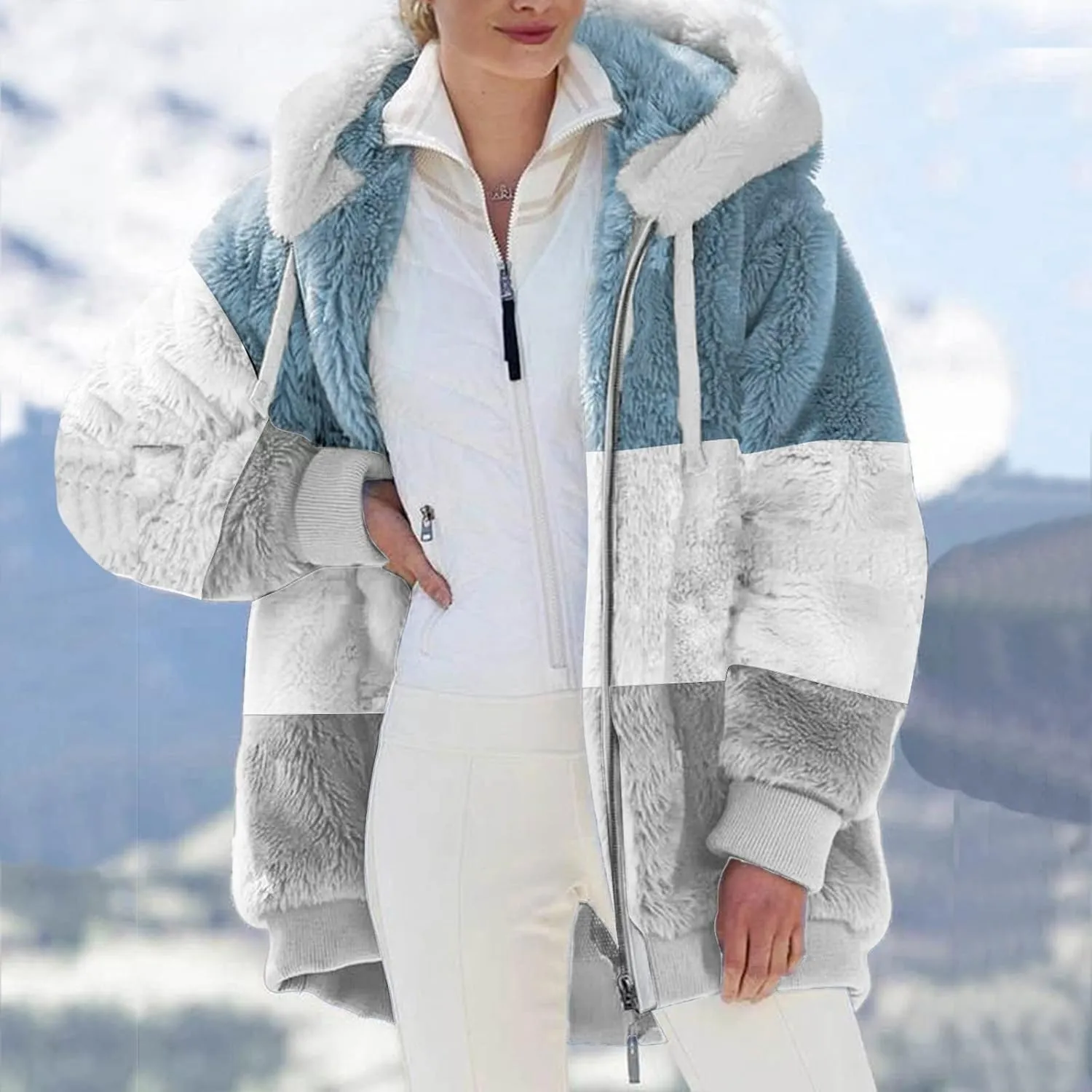 NaRHbrg Women Fleece Hooded Jacket Full Zip Sherpa Jackets Faux Fur Coat Winter Hooded Overcoat Outwears For Warm Winter