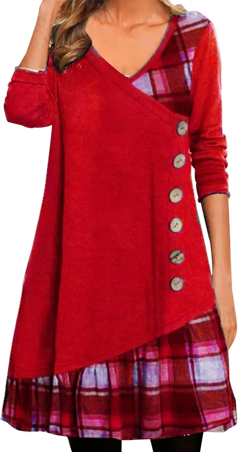Preppy Shift Dresses for Women 2025 Casual Long Sleeve V Neck Graduation Dress Vacation Girls Night Out Outfits for Women