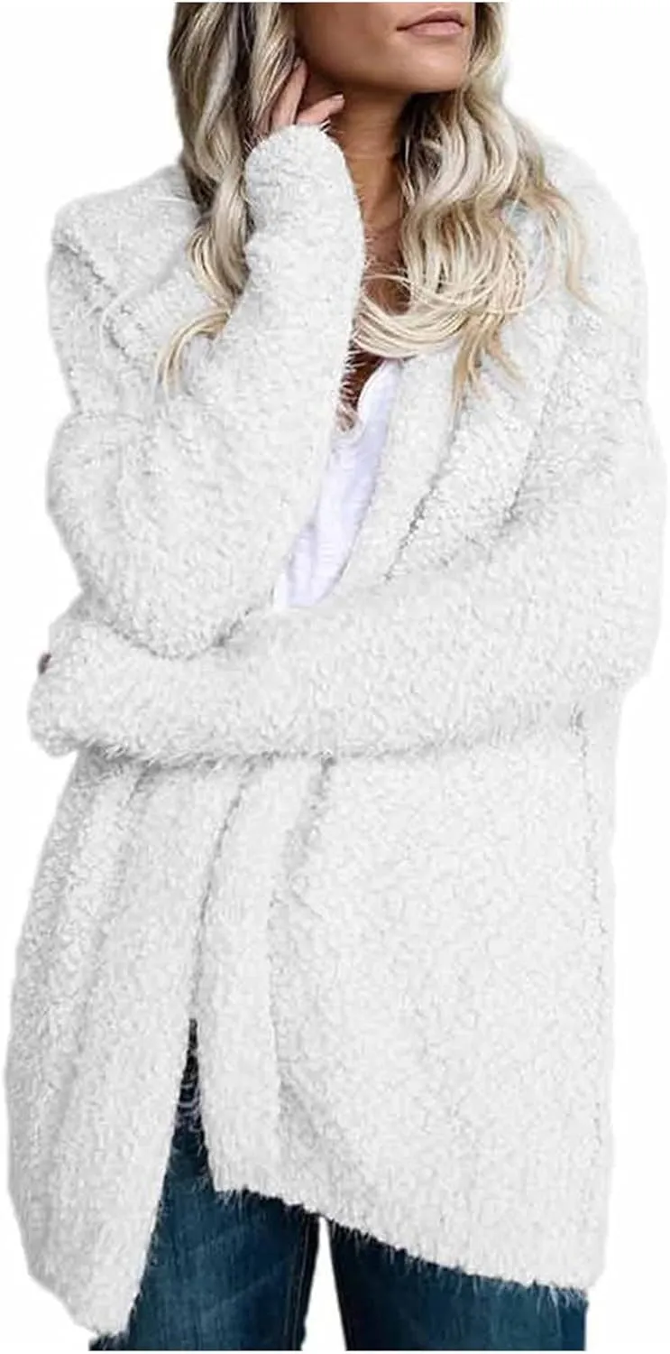 QWENTMTNTY Womens Winter Fuzzy Fleece Jacket Oversized Casual Trendy Hooded Cardigan Coat Winter Thermal Sherpa Outerwear
