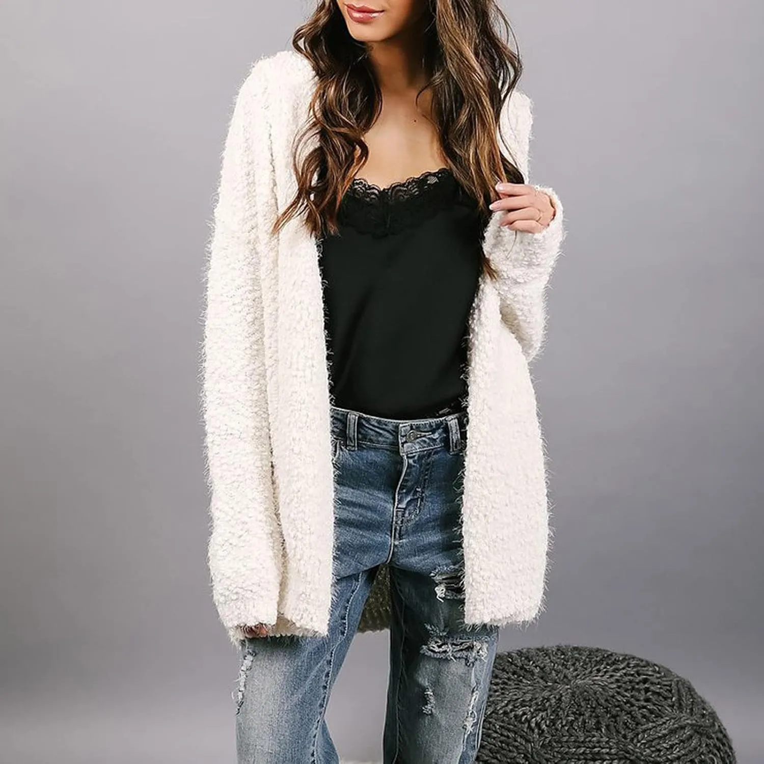 QWENTMTNTY Womens Winter Fuzzy Fleece Jacket Oversized Casual Trendy Hooded Cardigan Coat Winter Thermal Sherpa Outerwear