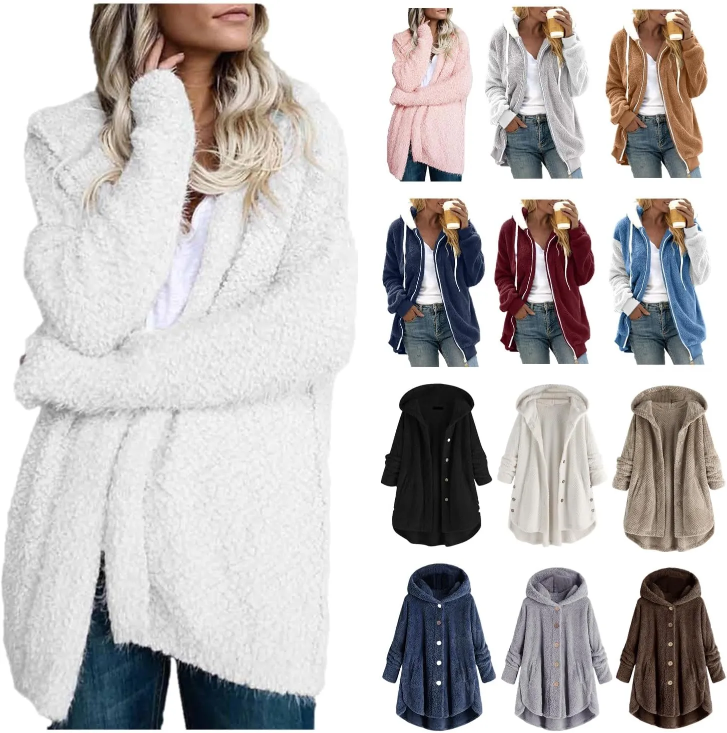 QWENTMTNTY Womens Winter Fuzzy Fleece Jacket Oversized Casual Trendy Hooded Cardigan Coat Winter Thermal Sherpa Outerwear
