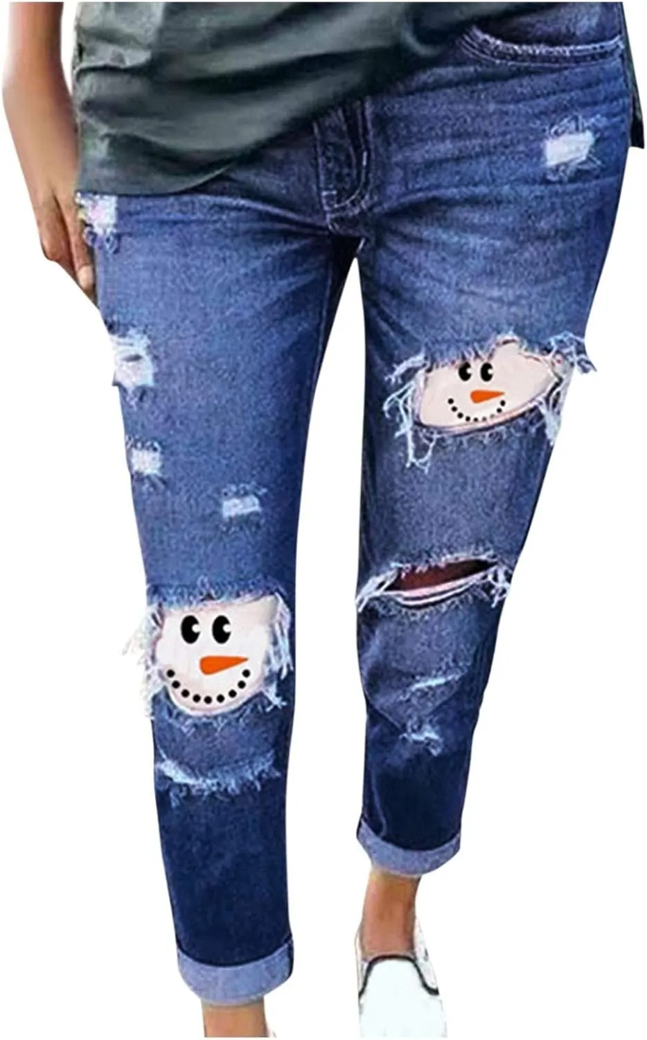 Ripped Jeans for Women Christmas Snowman Ripped Jeans Patchwork Skinny Mid Rise Denim Pants New Year Leggings