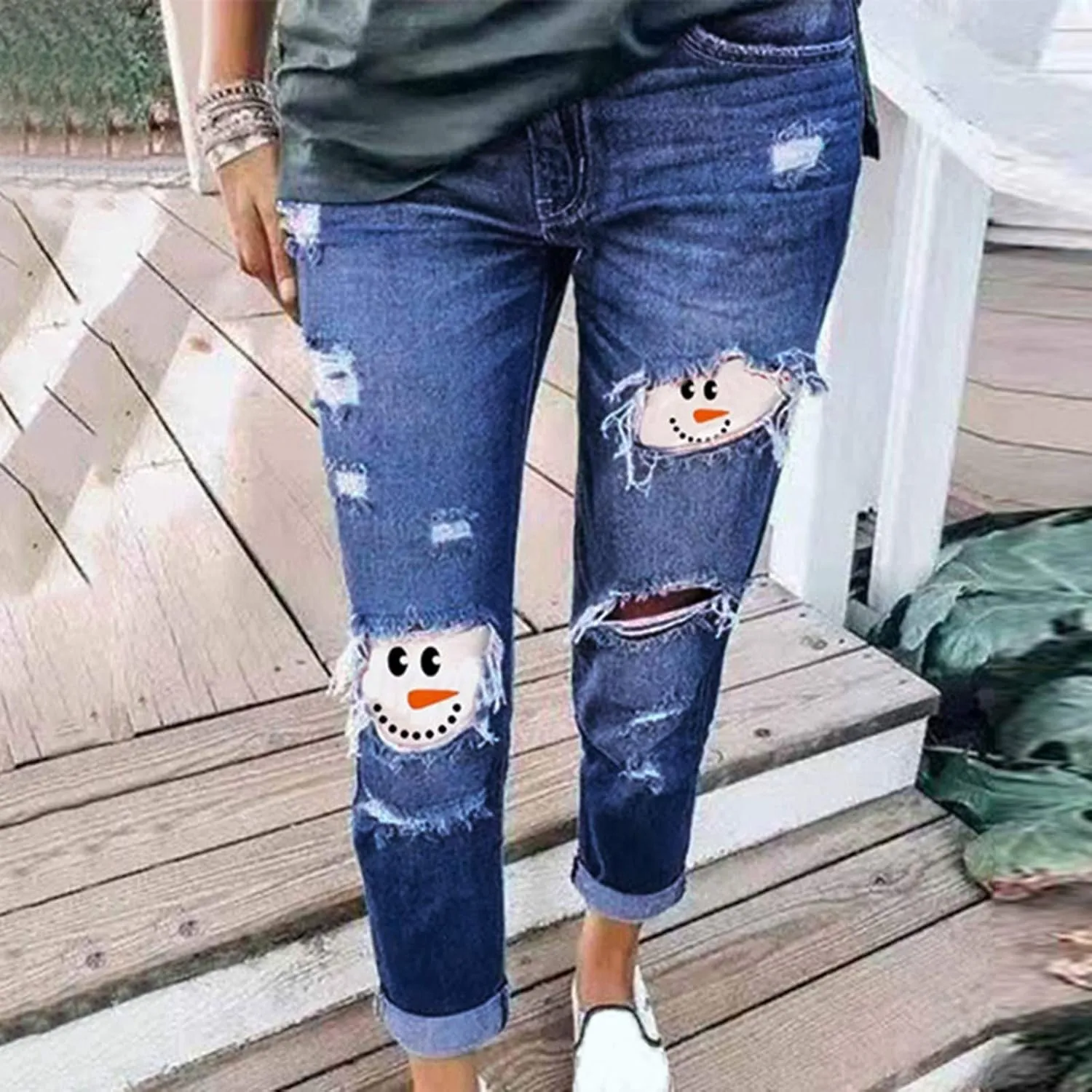 Ripped Jeans for Women Christmas Snowman Ripped Jeans Patchwork Skinny Mid Rise Denim Pants New Year Leggings