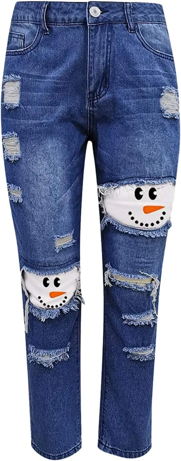 Ripped Jeans for Women Christmas Snowman Ripped Jeans Patchwork Skinny Mid Rise Denim Pants New Year Leggings