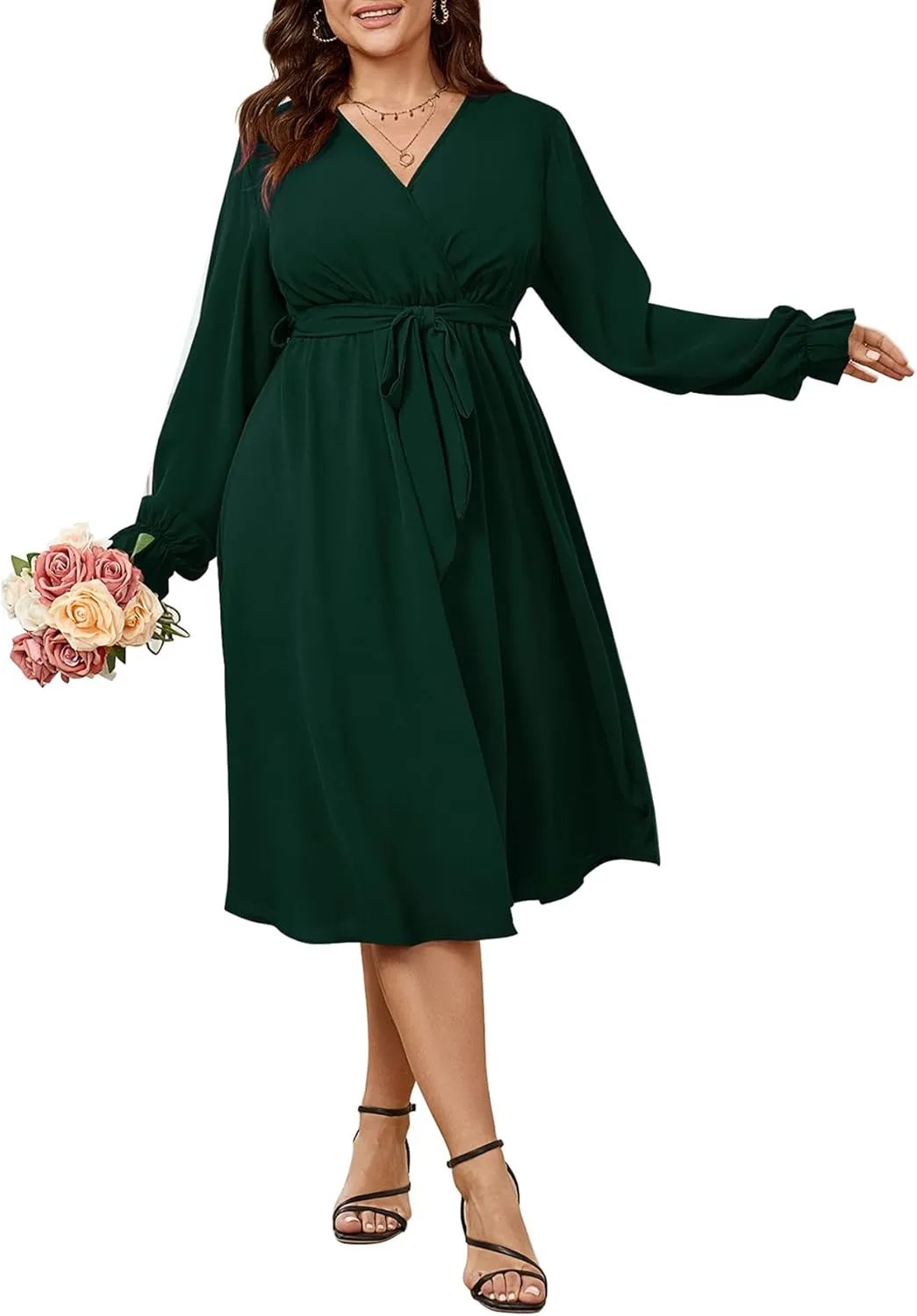 SCOMCHIC Womens Plus Size Wedding Guest Cocktail Midi Dress Winter Long Sleeve Wrap V Neck Belted A-Line Flowy Party Dress